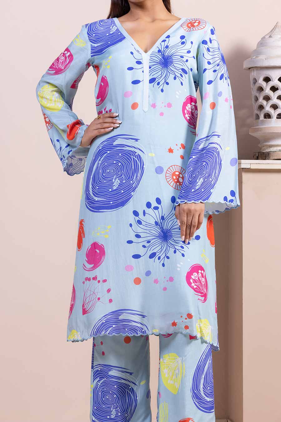 Blue Printed Scalloped Kurta & Pant Set