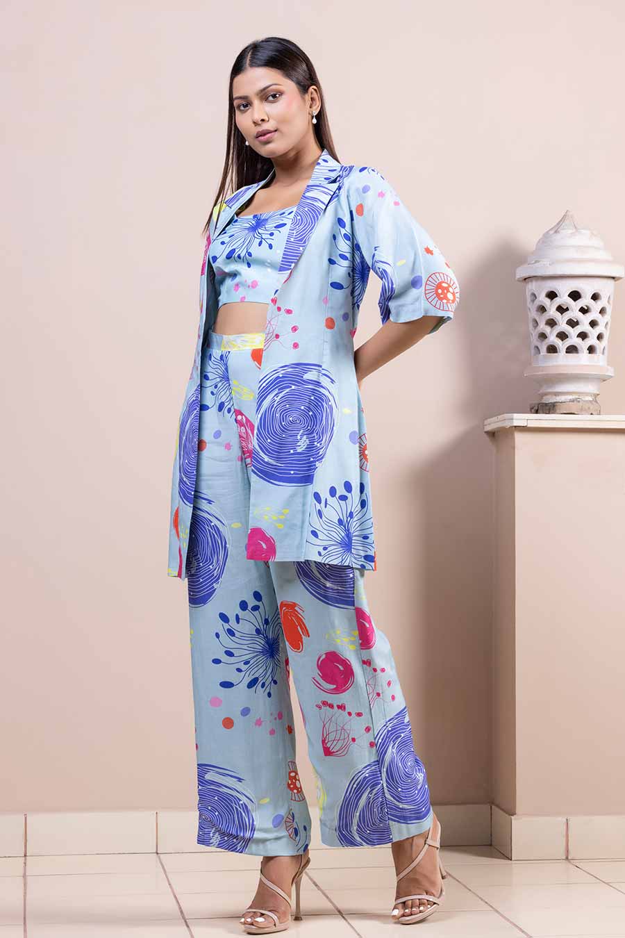 Blue Printed Bralette, Pant & Jacket Co-Ord Set