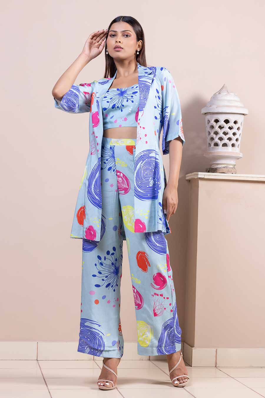 Blue Printed Bralette, Pant & Jacket Co-Ord Set