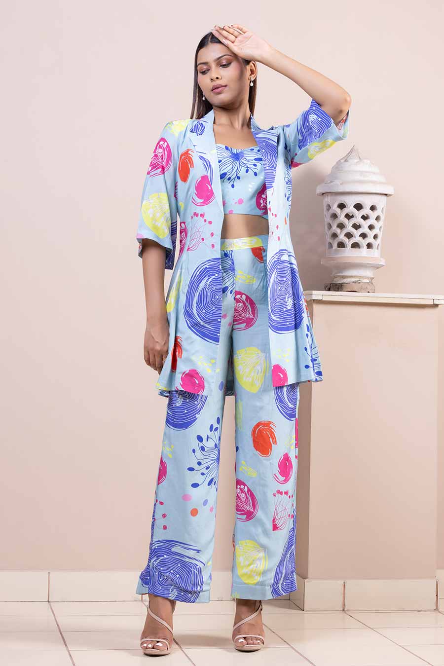 Blue Printed Bralette, Pant & Jacket Co-Ord Set