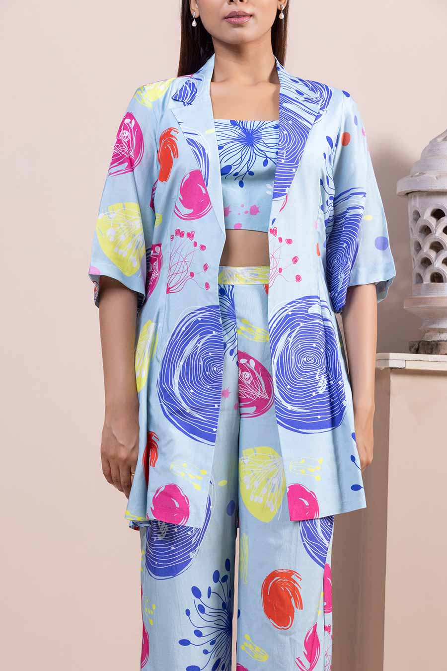 Blue Printed Bralette, Pant & Jacket Co-Ord Set