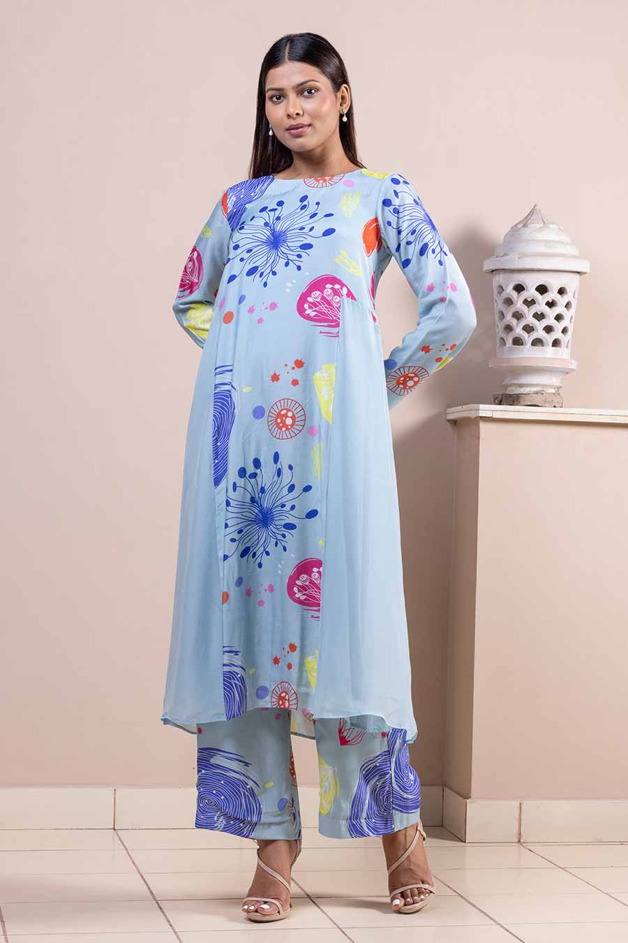 Blue Sea Fan Printed Panel Kurta & Pant Set