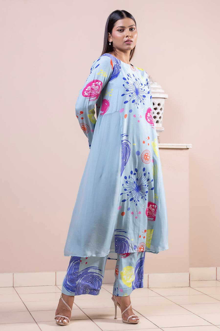 Blue Sea Fan Printed Panel Kurta & Pant Set