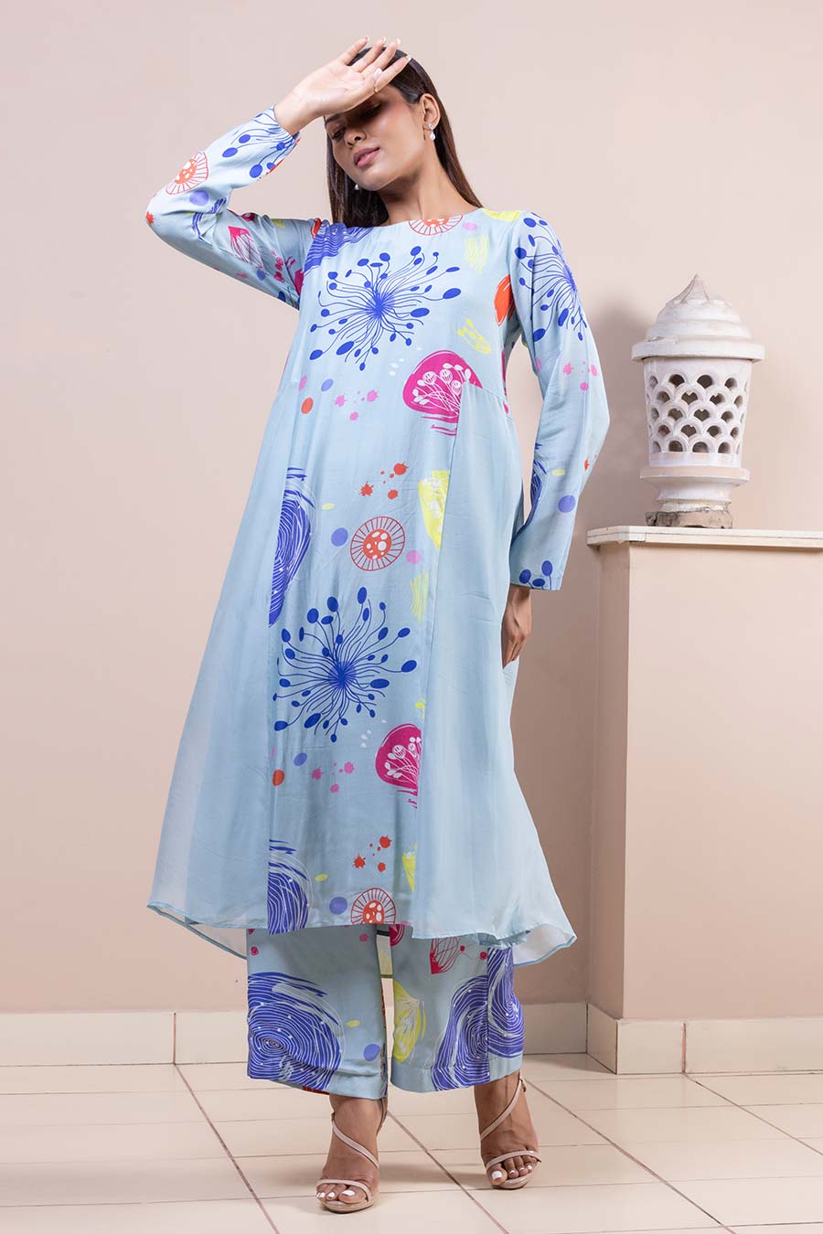 Blue Sea Fan Printed Panel Kurta & Pant Set