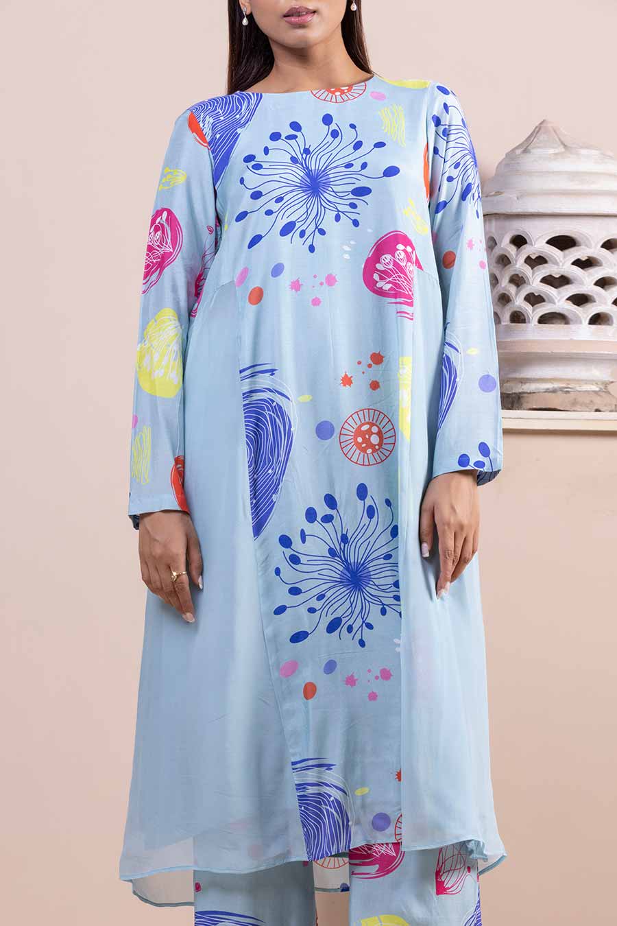 Blue Sea Fan Printed Panel Kurta & Pant Set