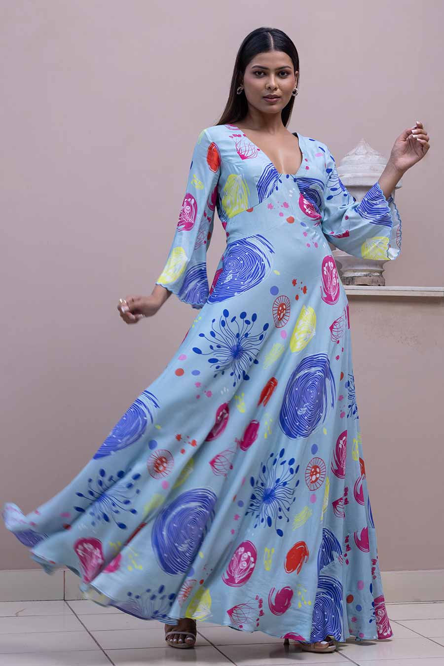 Blue Whip Printed Gown