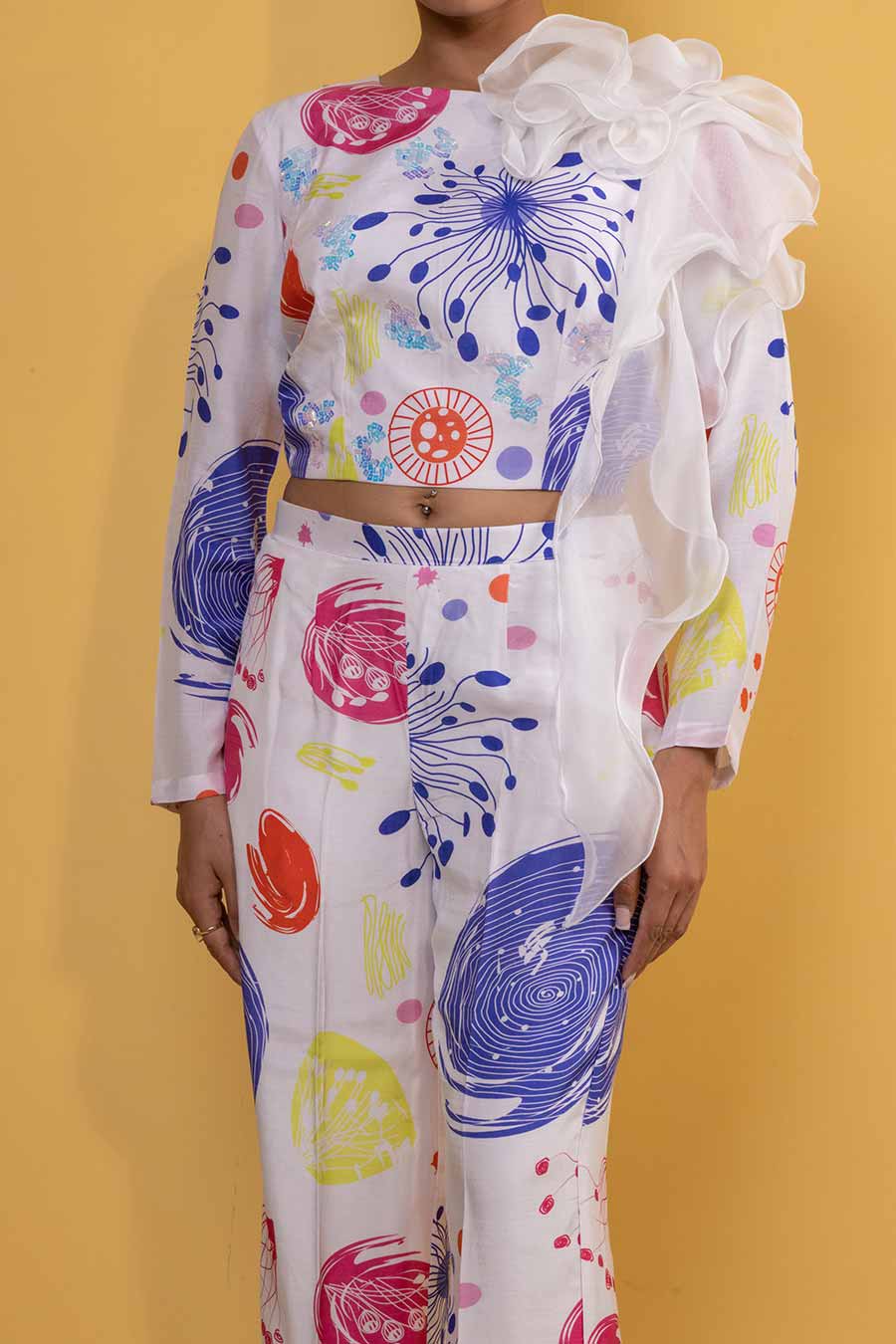 White Organ Printed Ruffle Top & Pant Co-Ord Set