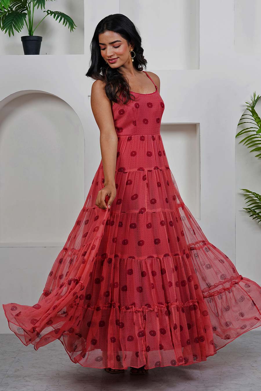 Red Printed Tiered Maxi Dress
