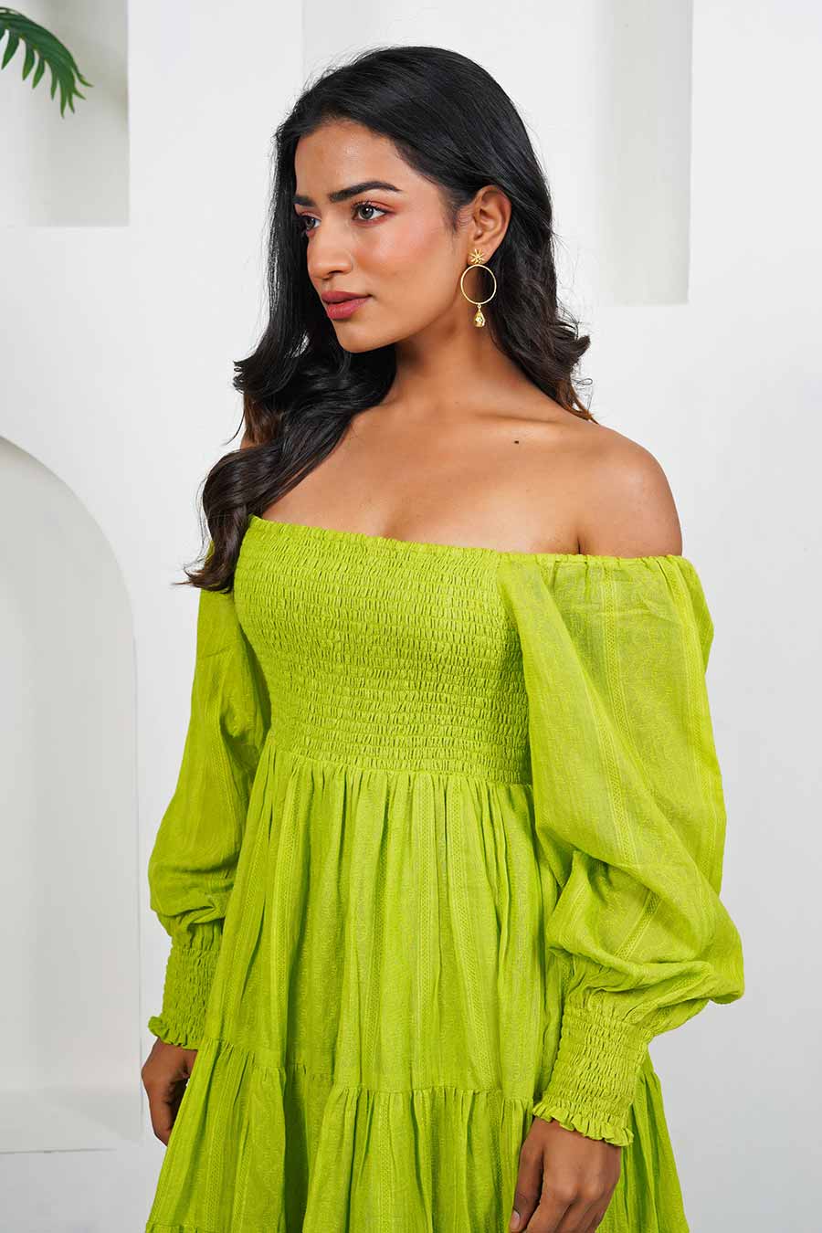 Green Off-Shoulder Smocked Dress