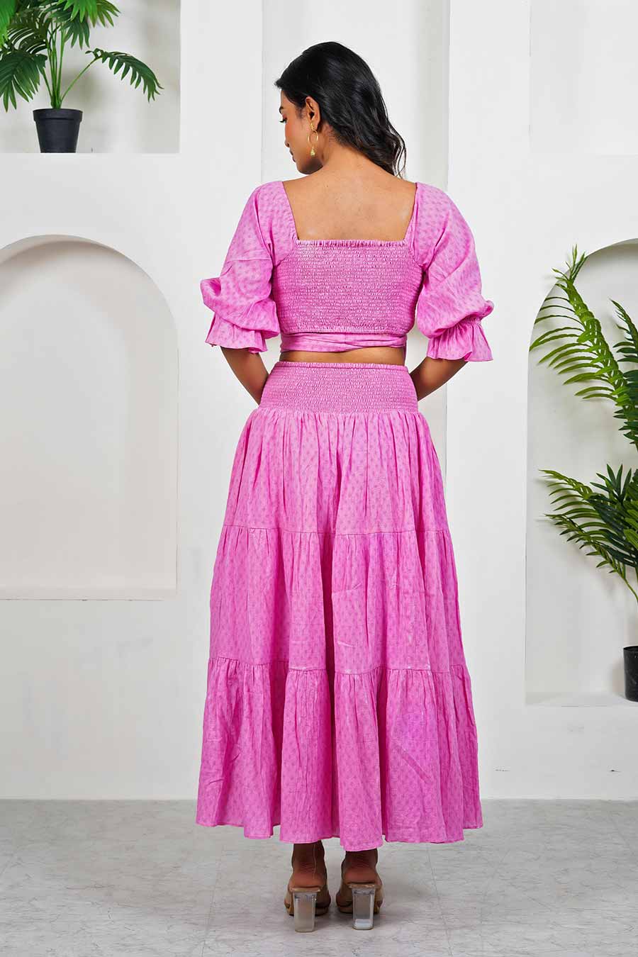 Pink Smocked Crop Top & Skirt Co-Ord Set