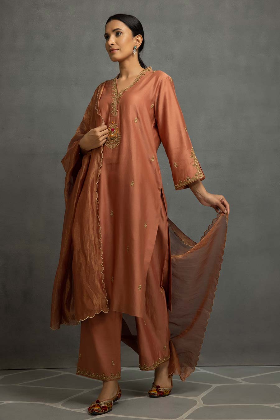 Light Brown Embroidered Kurta Set