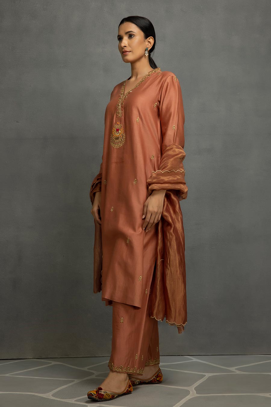 Light Brown Embroidered Kurta Set