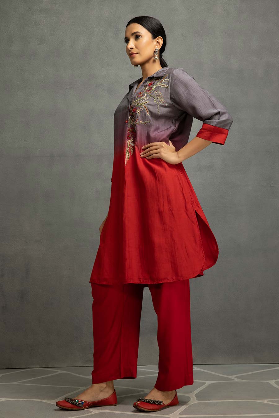 Red-Grey Ombre Embellished Tunic & Pant Set