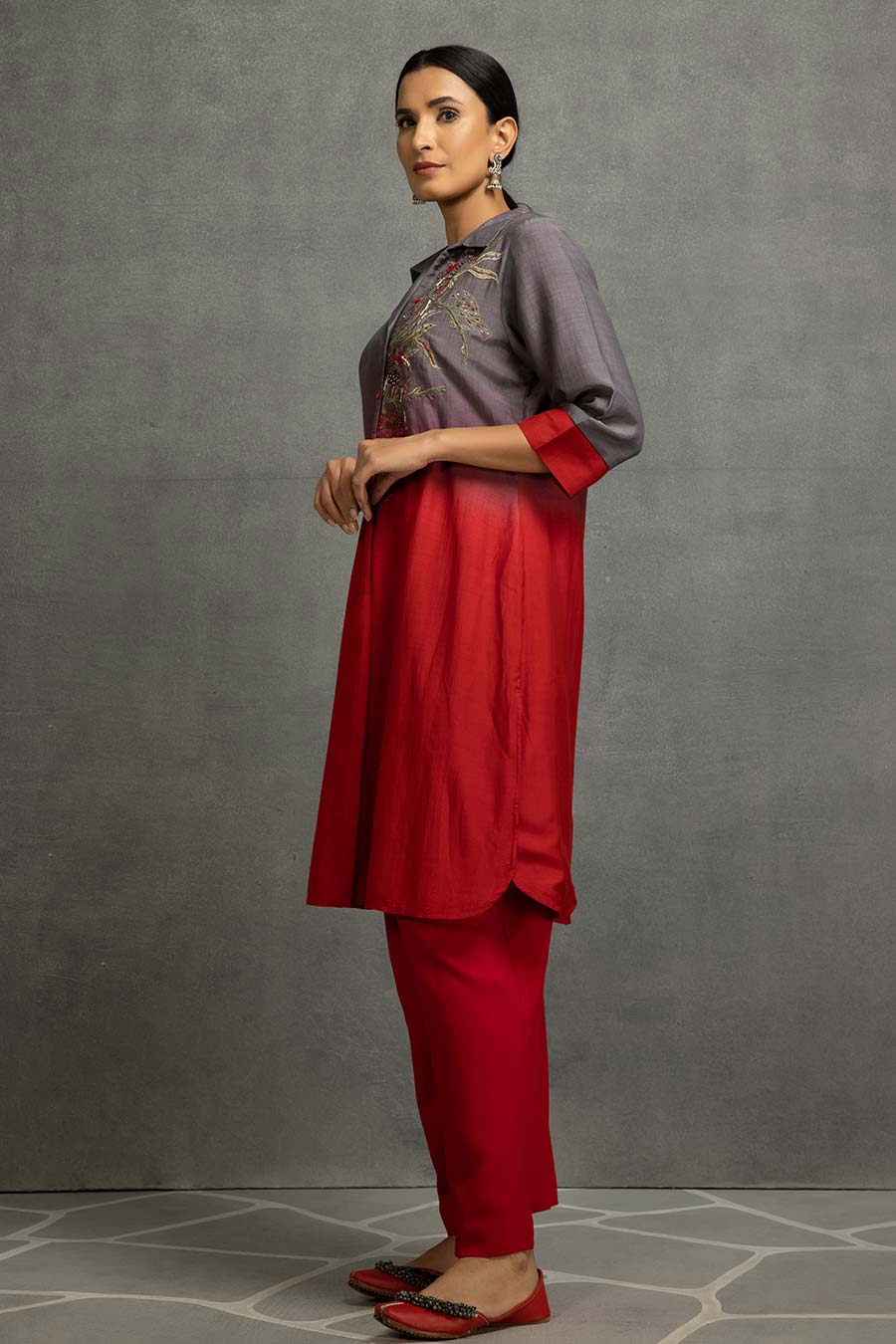 Red-Grey Ombre Embellished Tunic & Pant Set