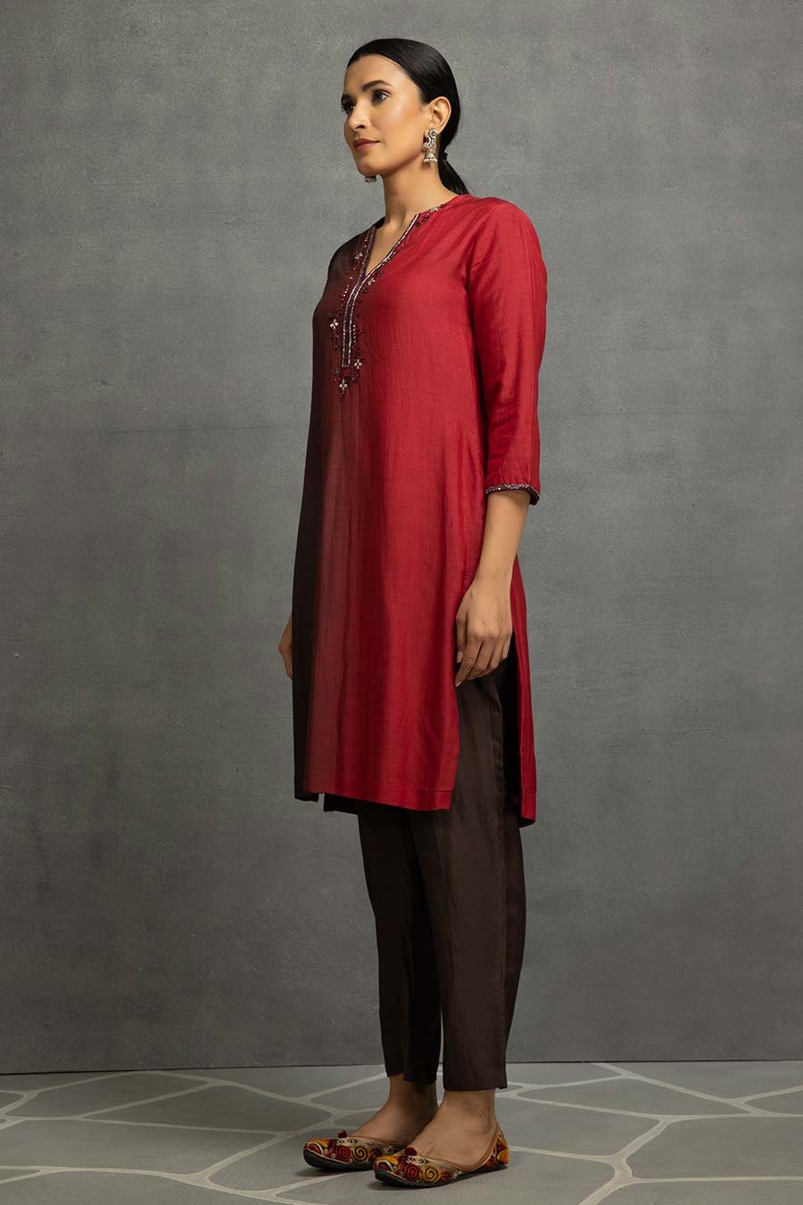 Maroon-Black Ombre Embellished Kurta & Pant Set