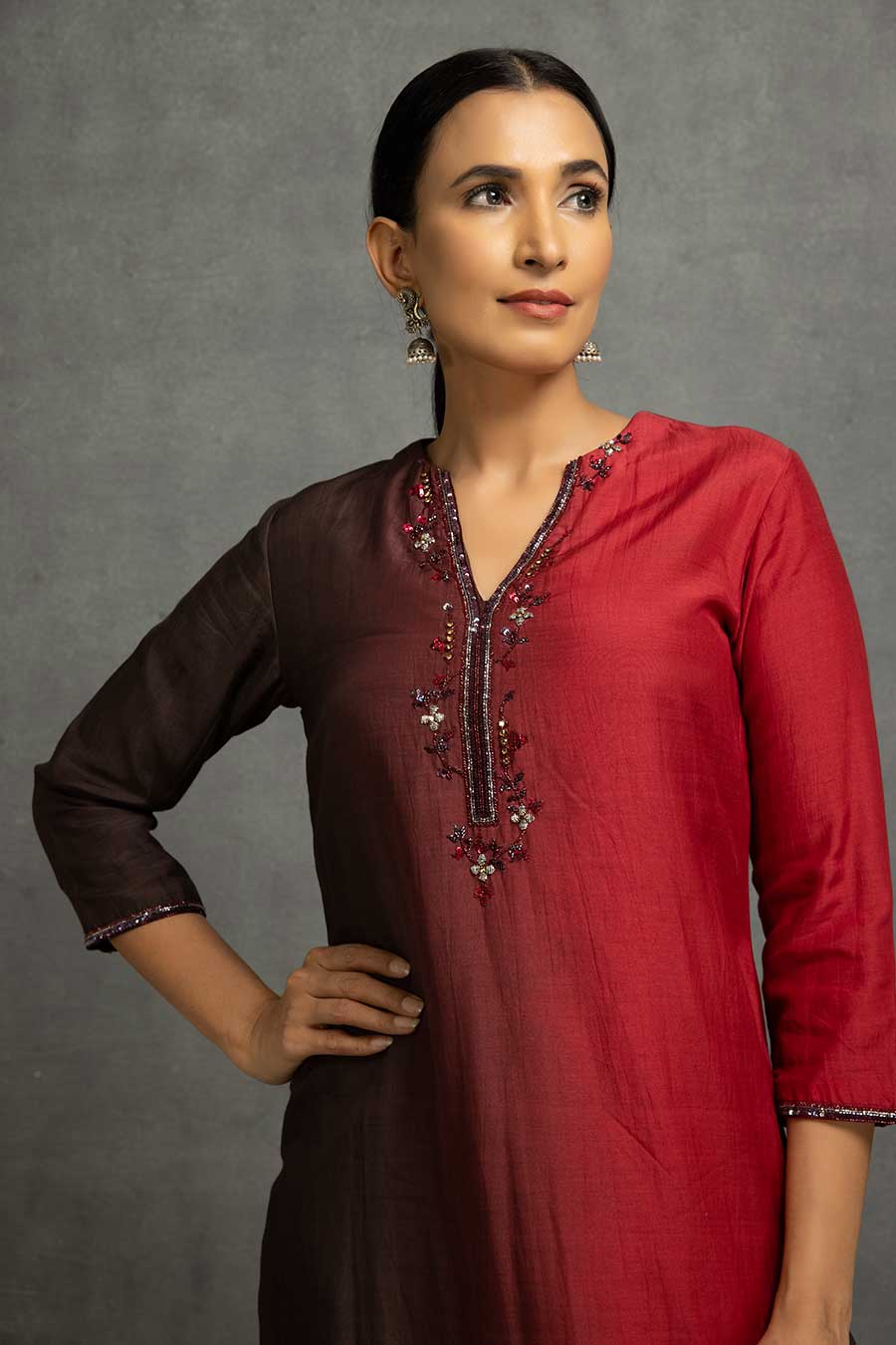 Maroon-Black Ombre Embellished Kurta & Pant Set