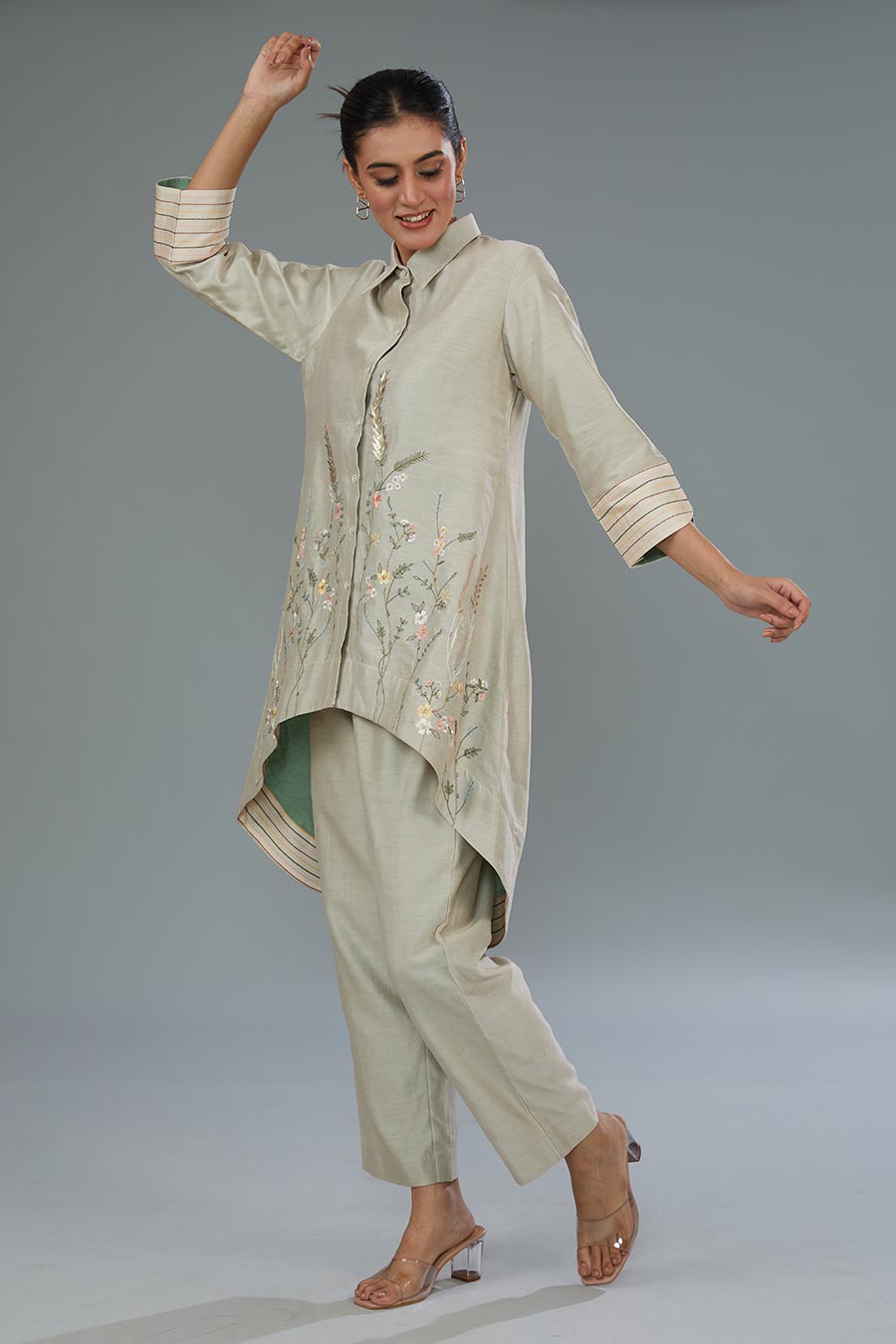 Beige Embroidered High-Low Tunic & Pant Set