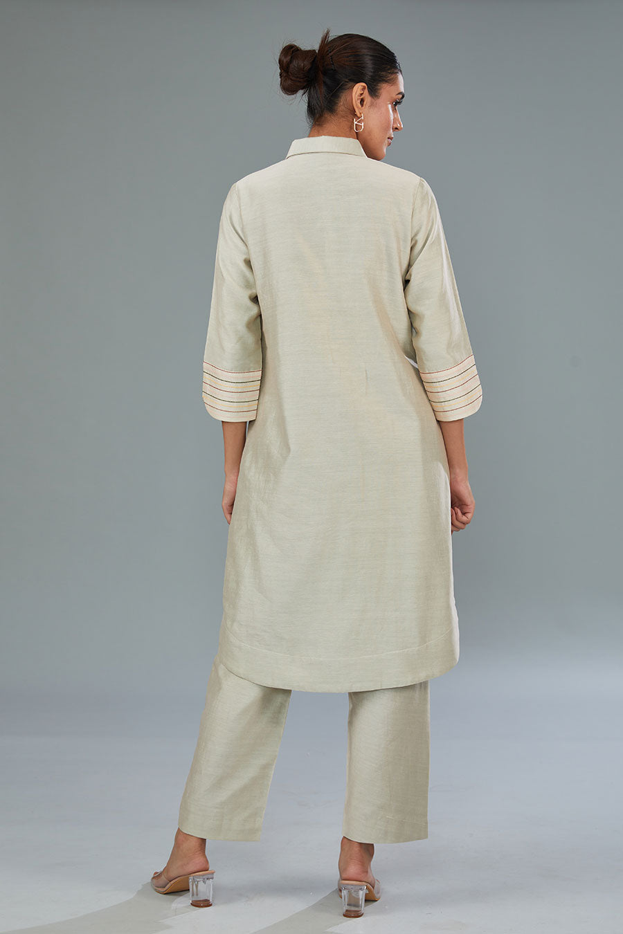 Beige Embroidered High-Low Tunic & Pant Set