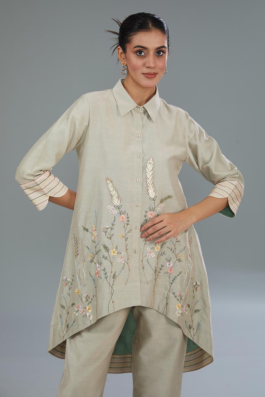 Beige Embroidered High-Low Tunic & Pant Set