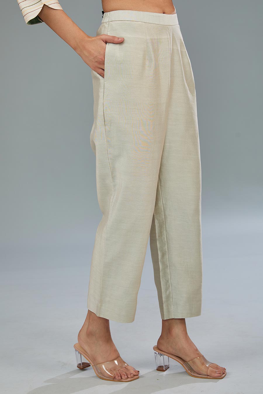 Beige Embroidered High-Low Tunic & Pant Set