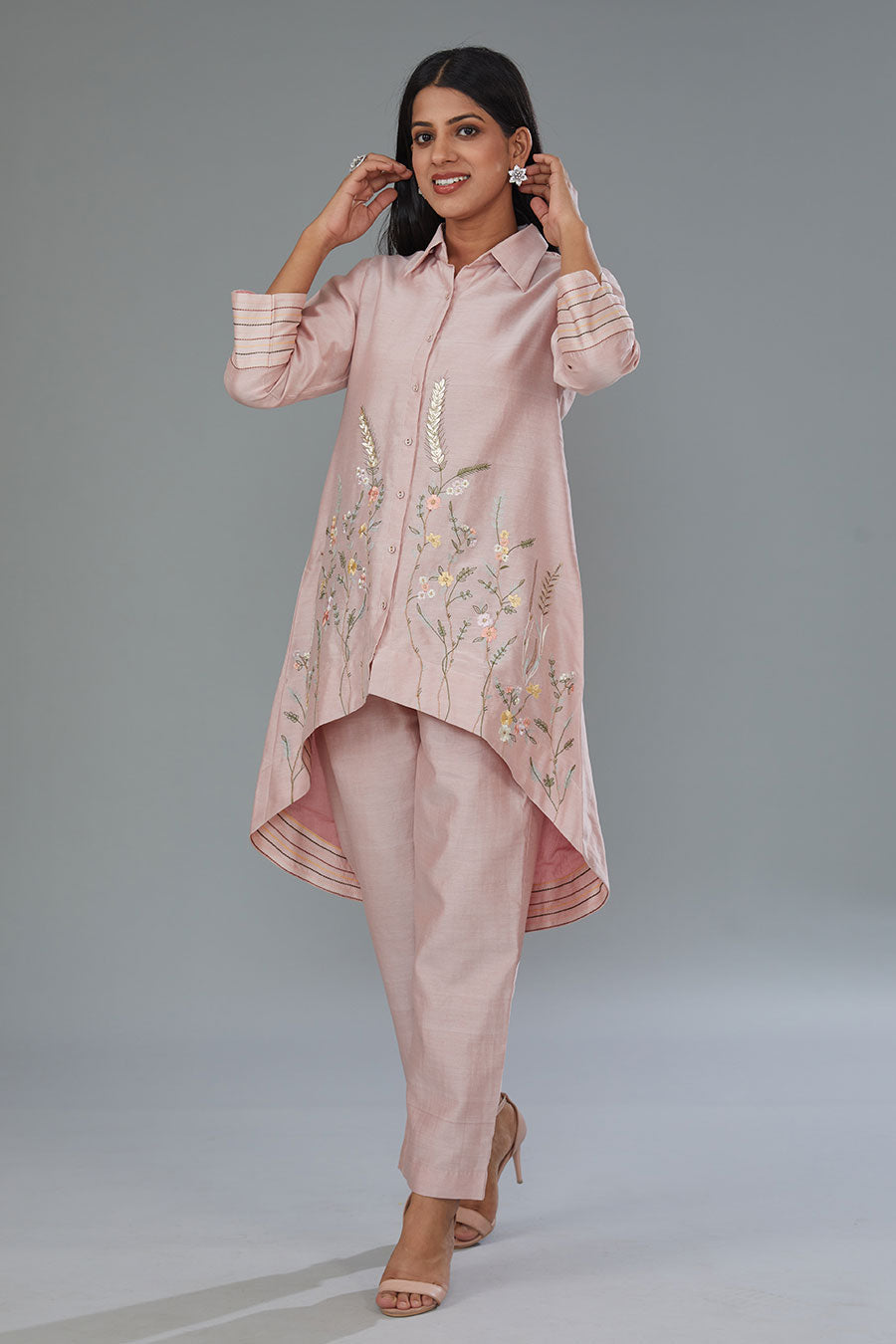 Pink Embroidered High-Low Tunic & Pant Set