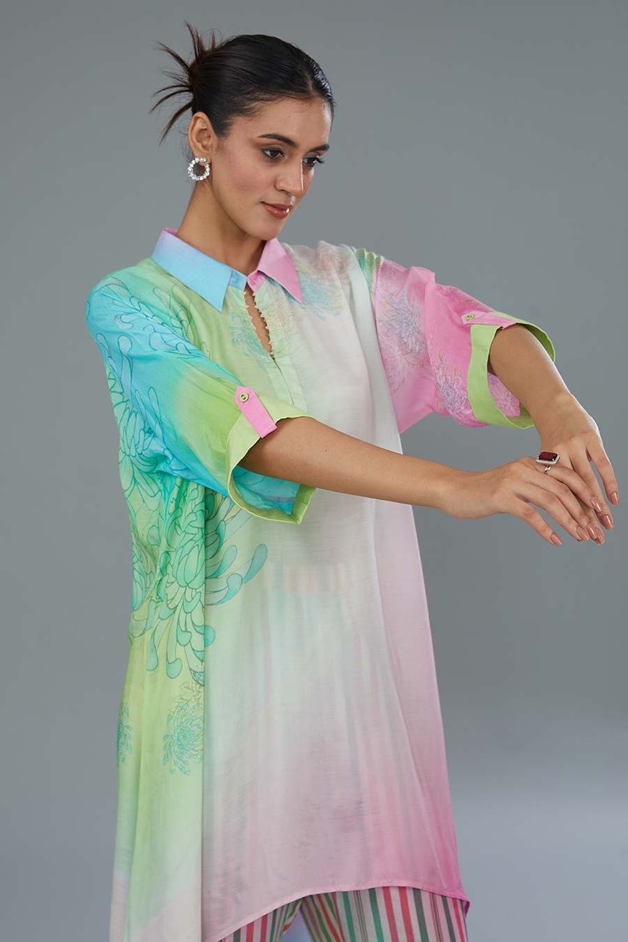 Multicolour Printed High-Low Tunic & Pant Set