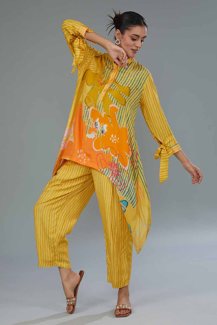 Yellow Printed High-Low Tunic & Pant Set