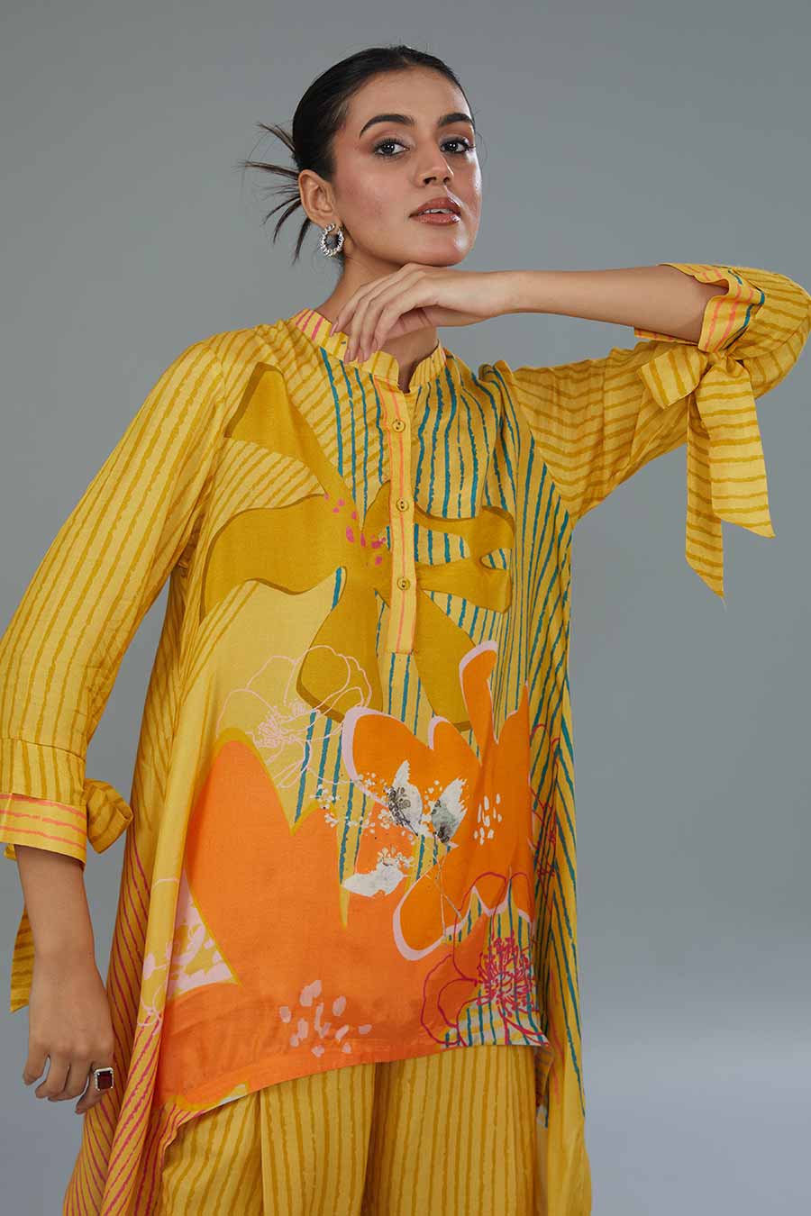 Yellow Printed High-Low Tunic & Pant Set