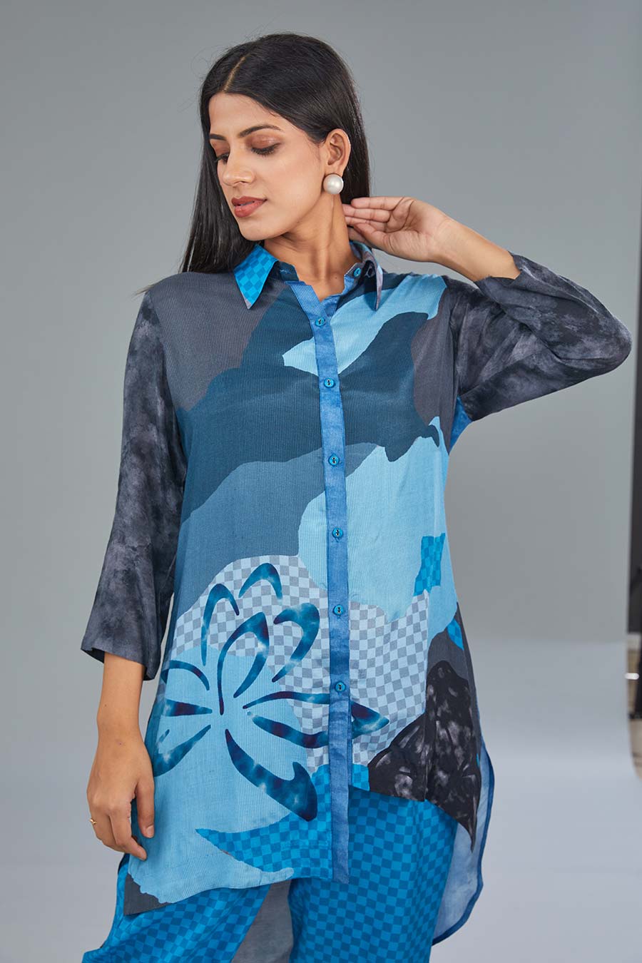 Blue Printed Asymmetric Tunic & Pant Set