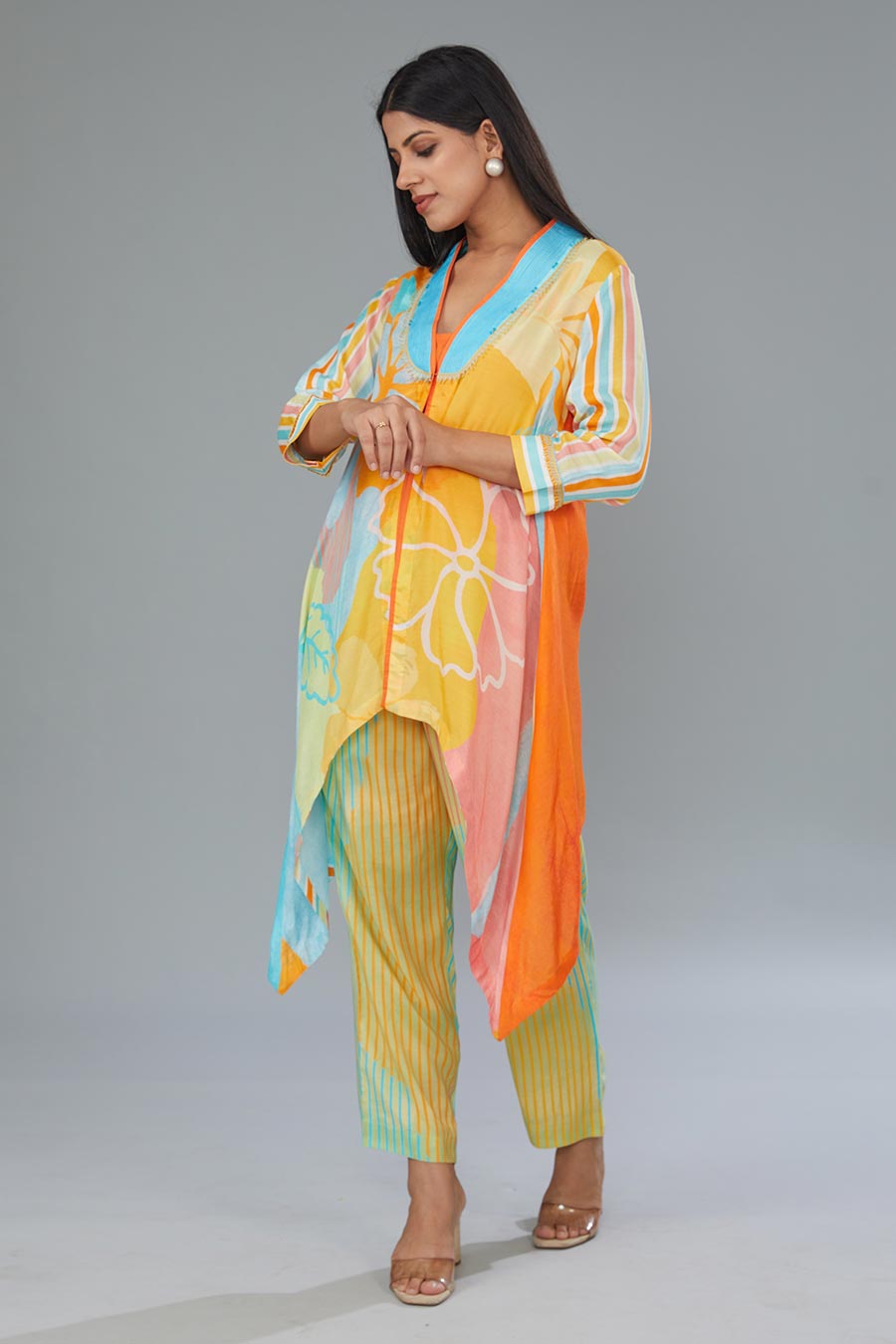 Multicolour Printed Asymmetric Tunic & Pant Set