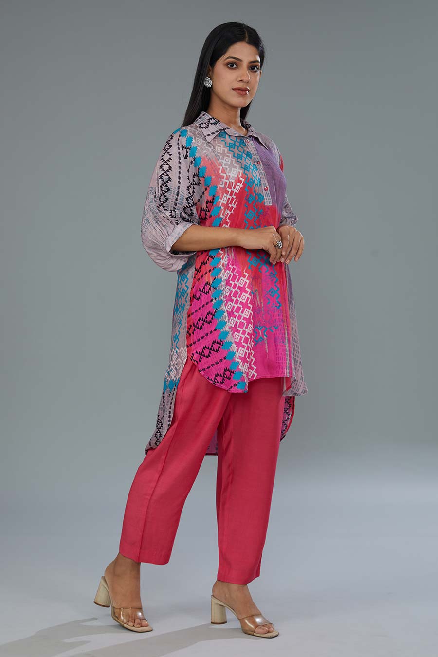 Pink Printed High-Low Tunic & Pant Set