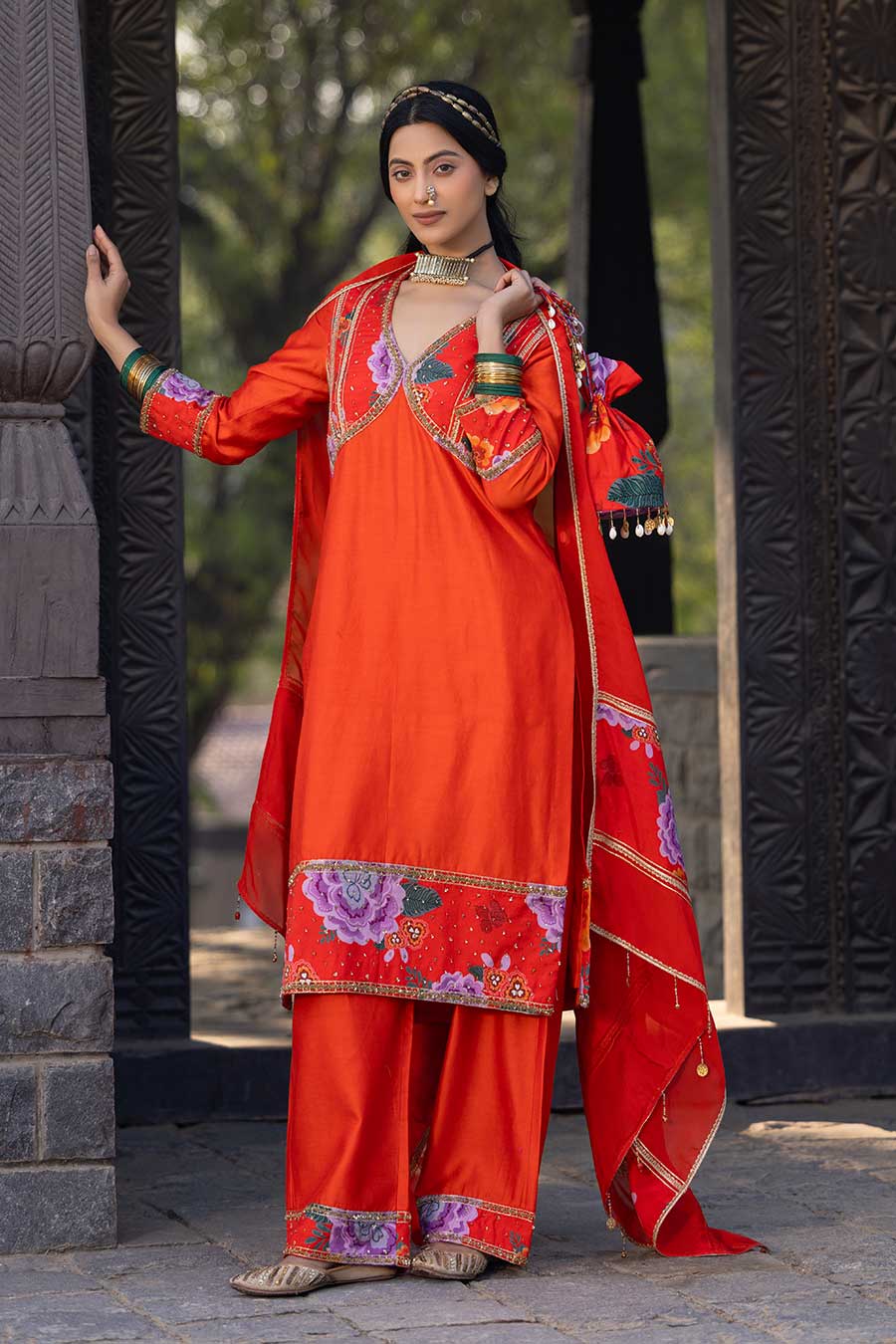 Orange Chanderi Embellished Kurta Set