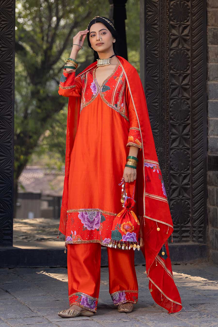 Orange Chanderi Embellished Kurta Set