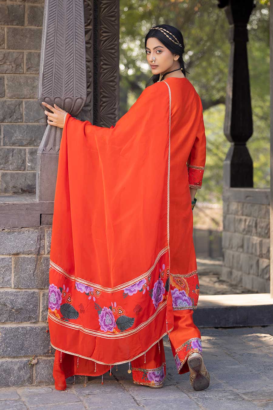 Orange Chanderi Embellished Kurta Set