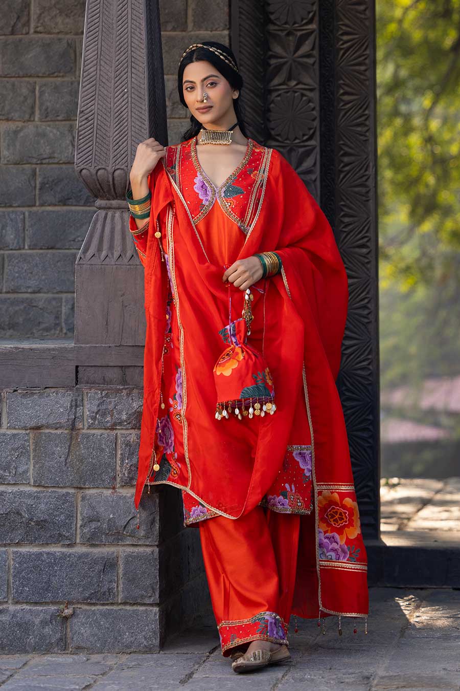 Orange Chanderi Embellished Kurta Set