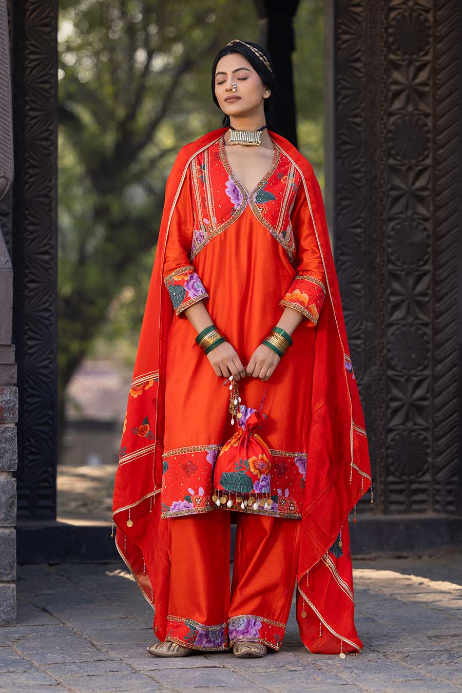 Orange Chanderi Embellished Kurta Set