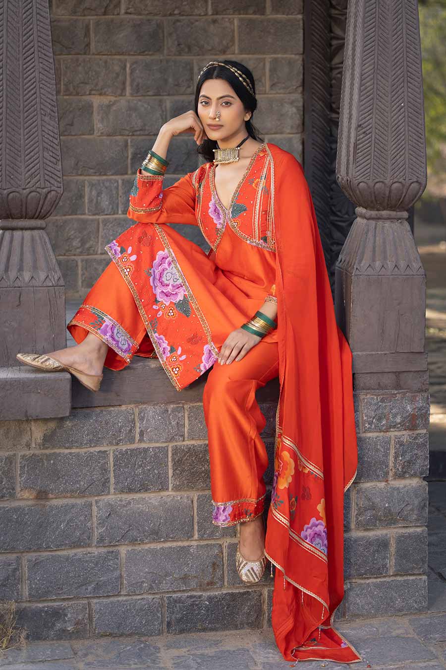 Orange Chanderi Embellished Kurta Set