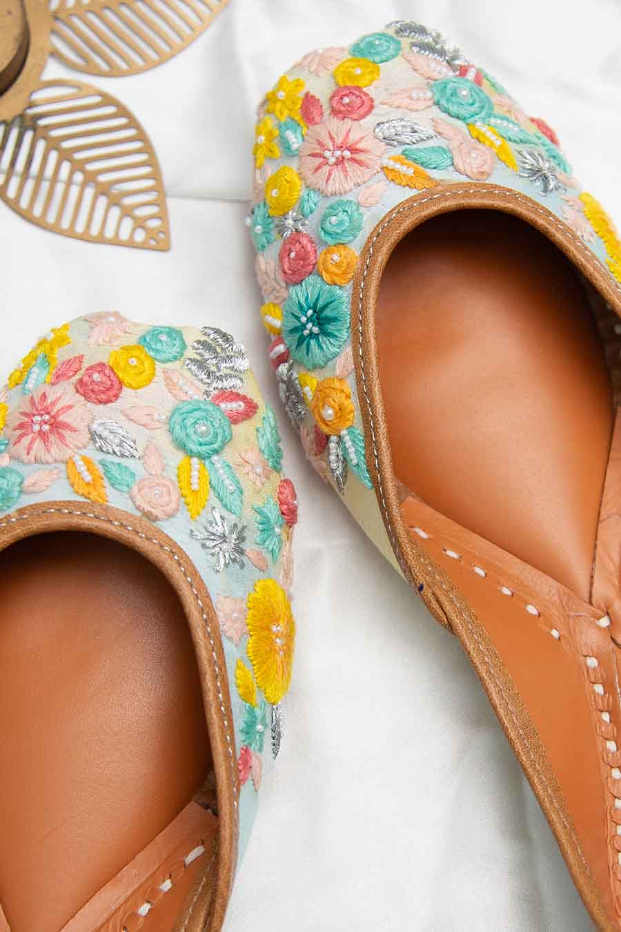 Pastel Blue Peppy Melody Embroidered Jutti