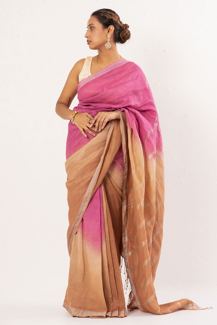 Pink & Brown Handwoven Linen Saree