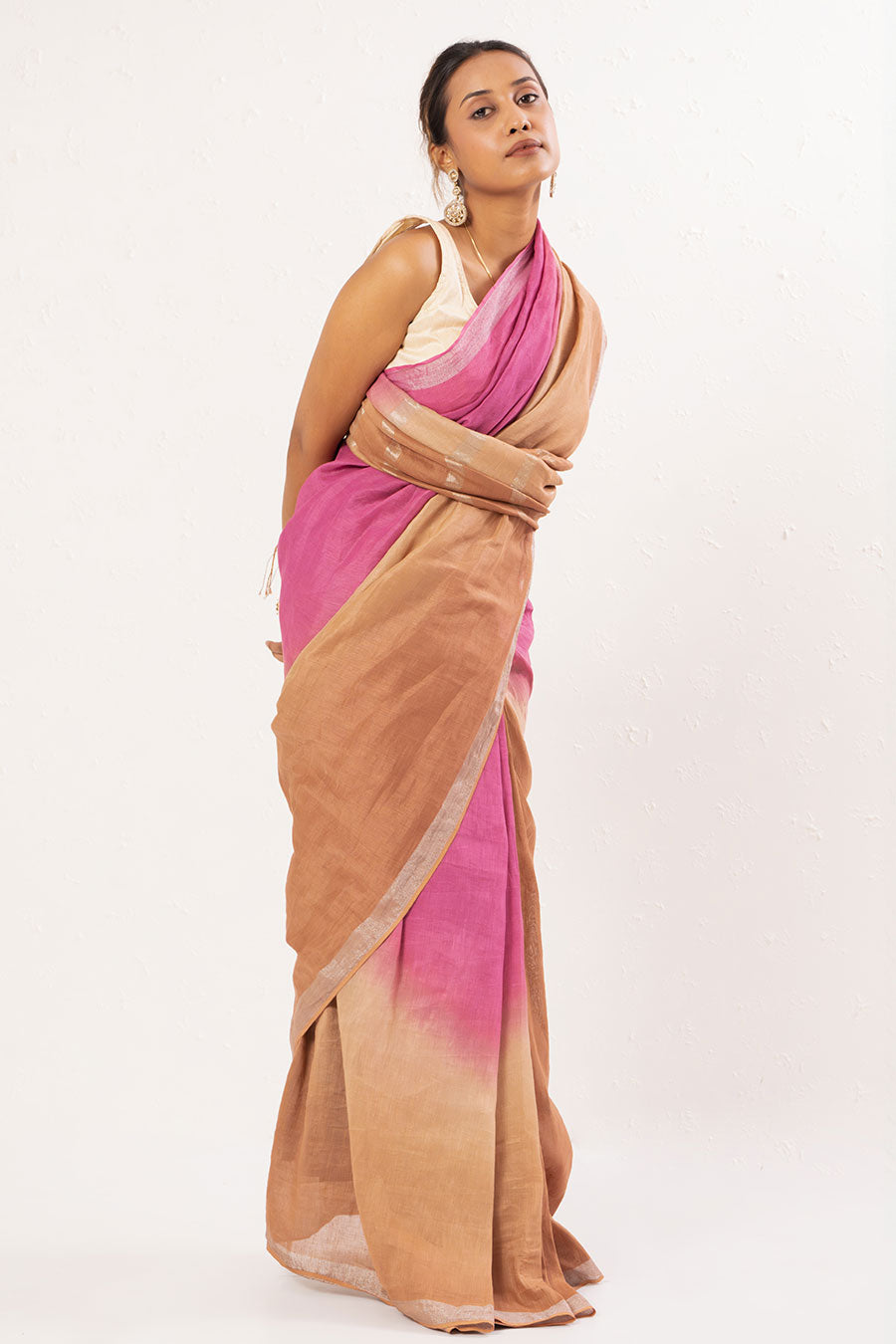 Pink & Brown Handwoven Linen Saree