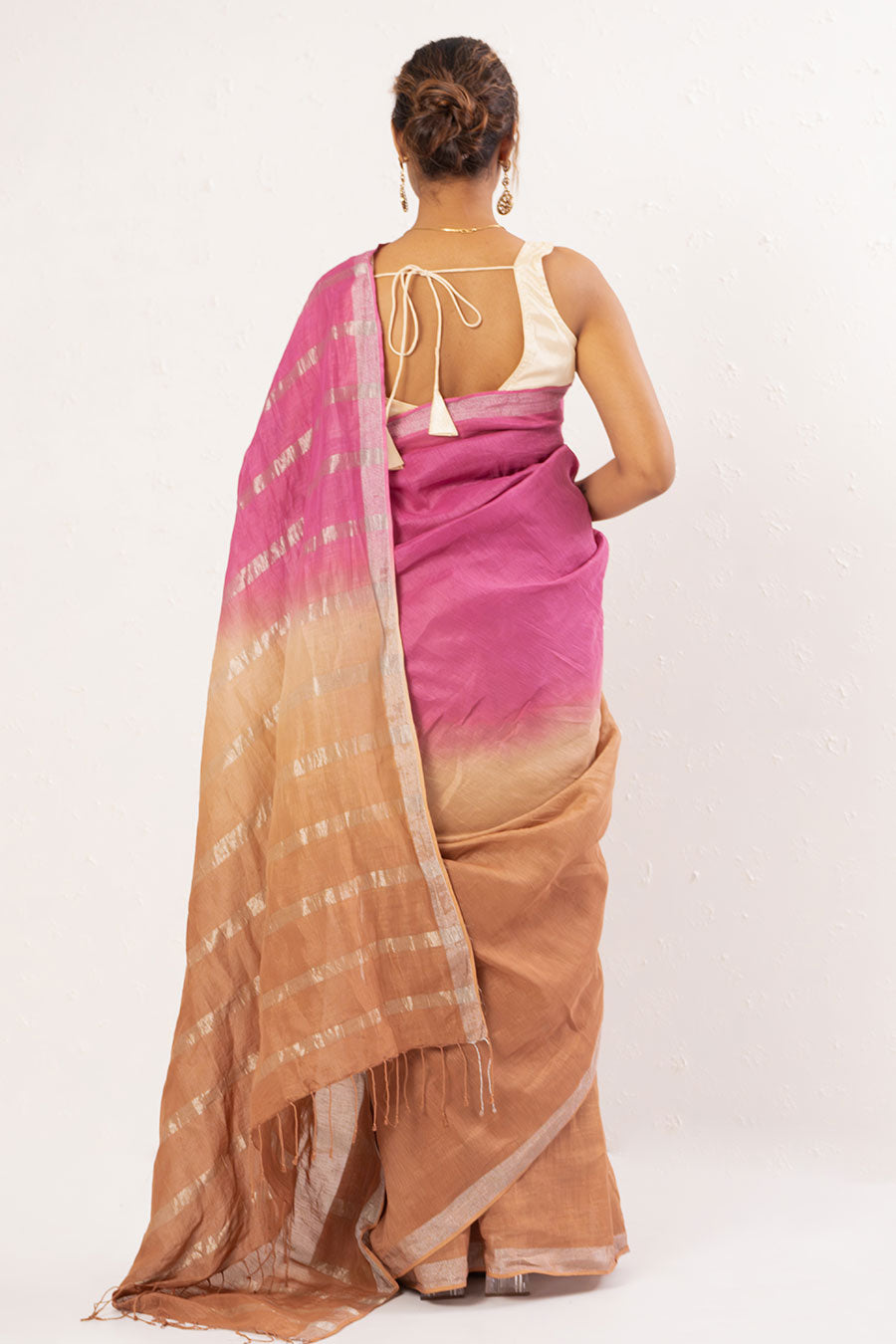 Pink & Brown Handwoven Linen Saree