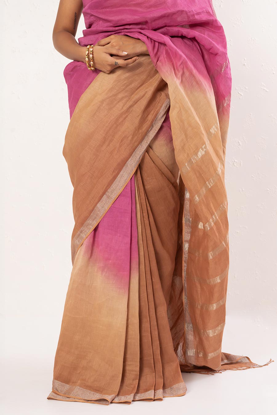 Pink & Brown Handwoven Linen Saree