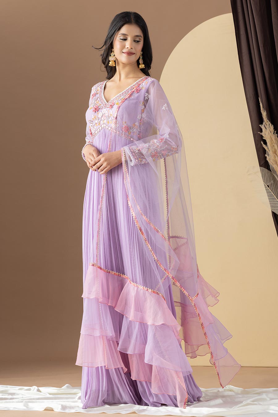 Lavender Embroidered Anarkali & Ruffled Dupatta Set