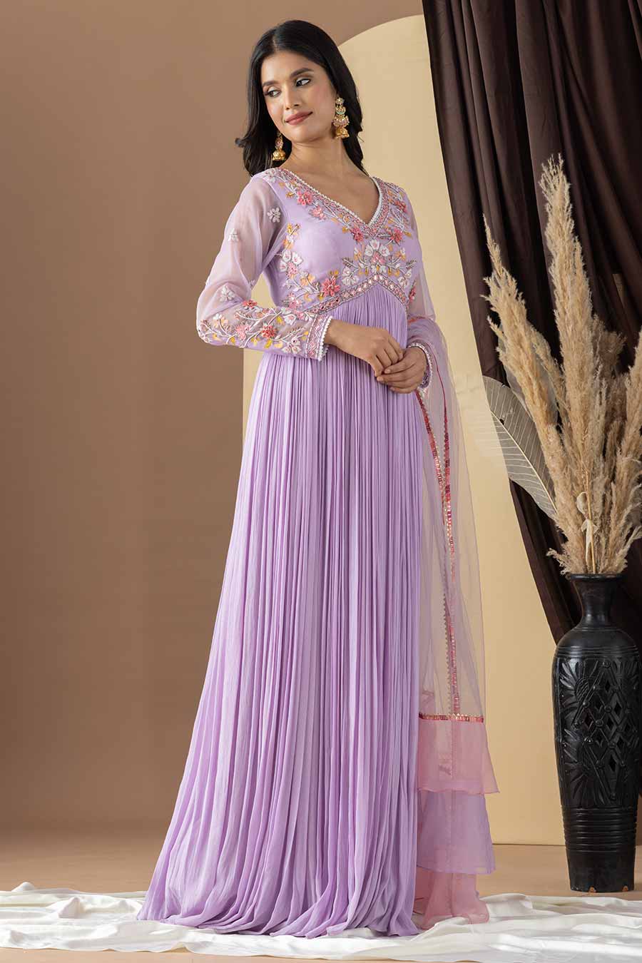 Lavender Embroidered Anarkali & Ruffled Dupatta Set