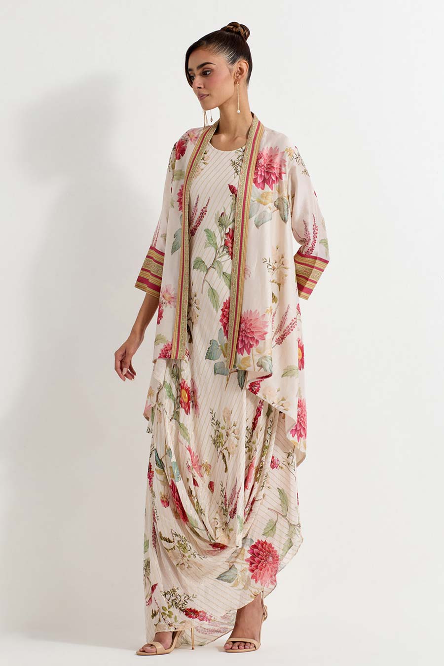 Daisy Printed Lurex Drape Dress With Jacket