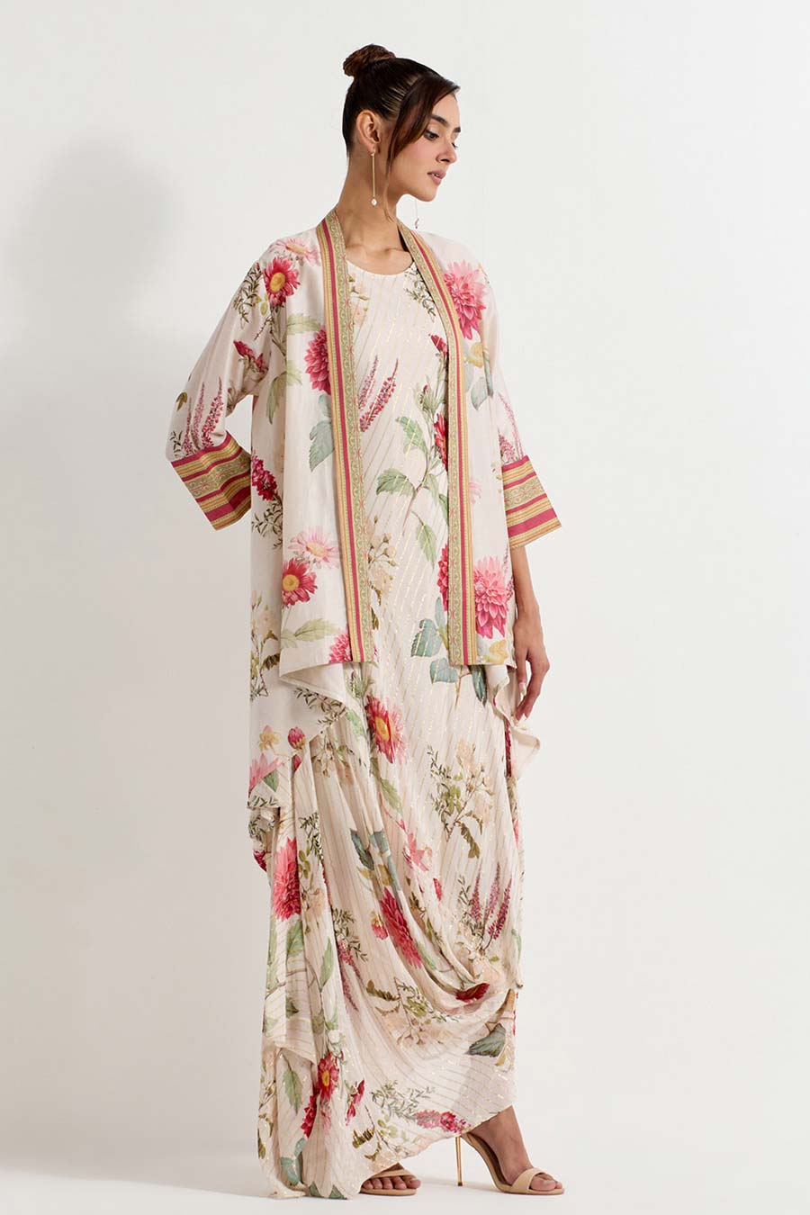 Daisy Printed Lurex Drape Dress With Jacket