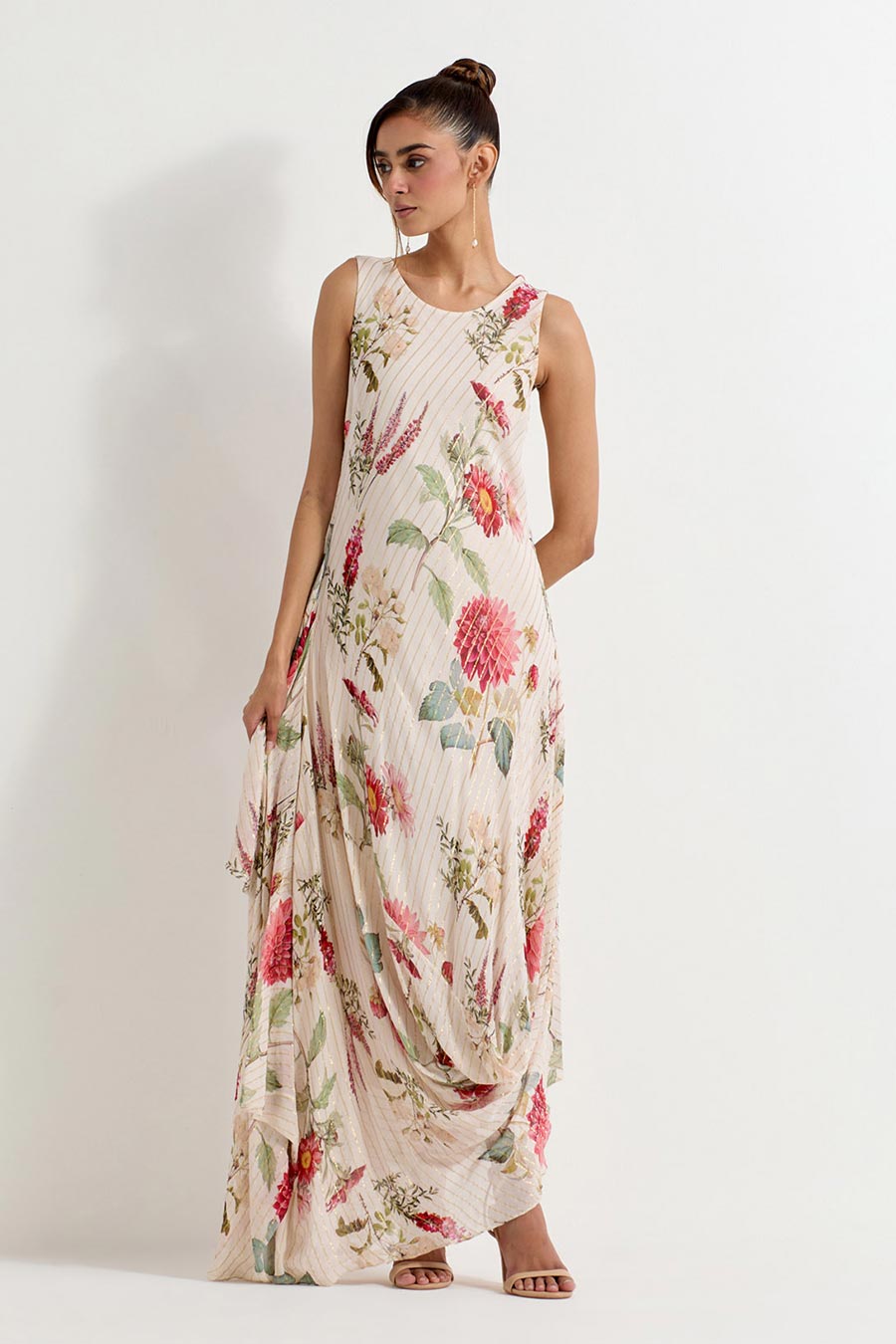 Daisy Printed Lurex Drape Dress With Jacket