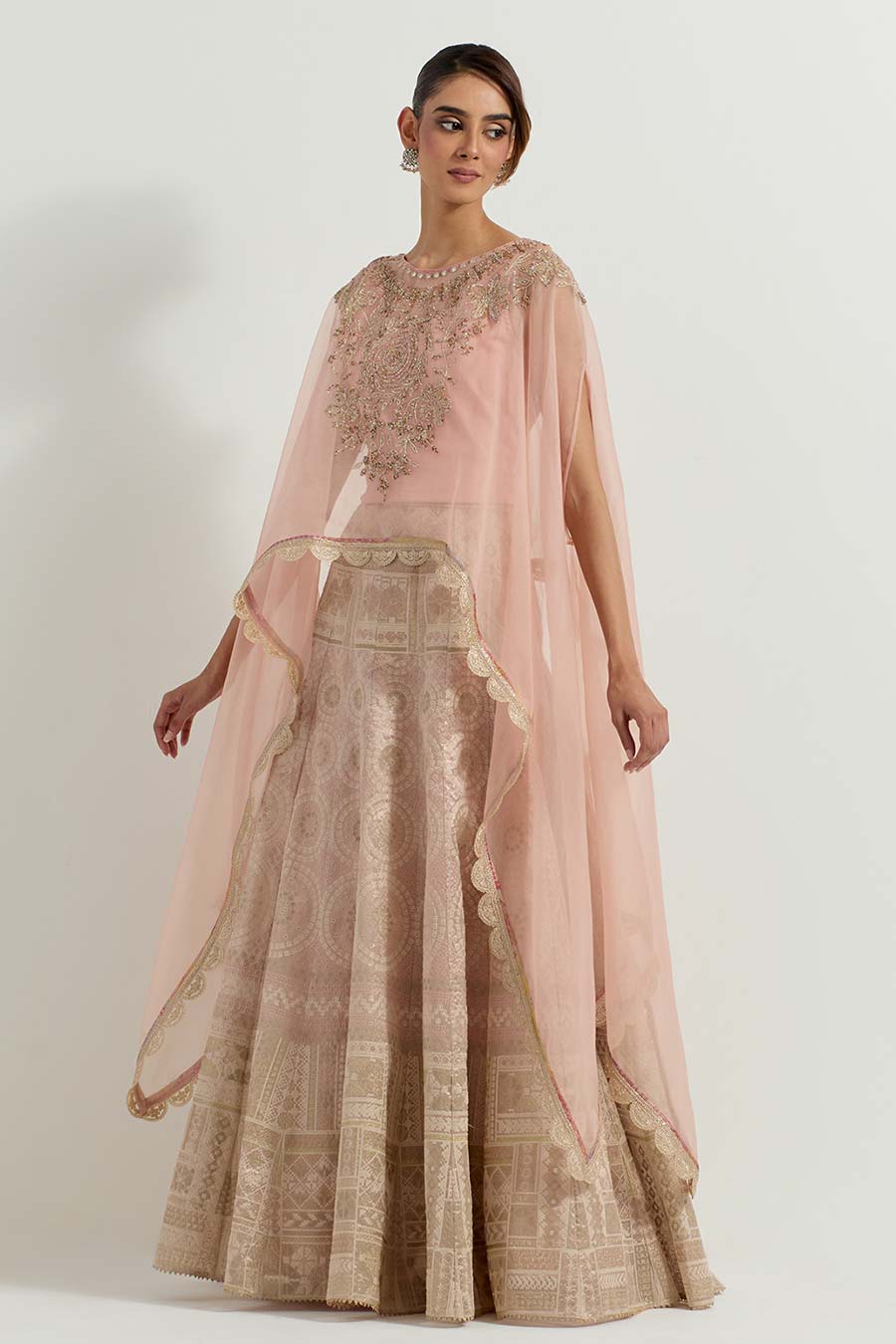 Raeth Blush Pink Embroidered Cape & Tissue Lehenga Set