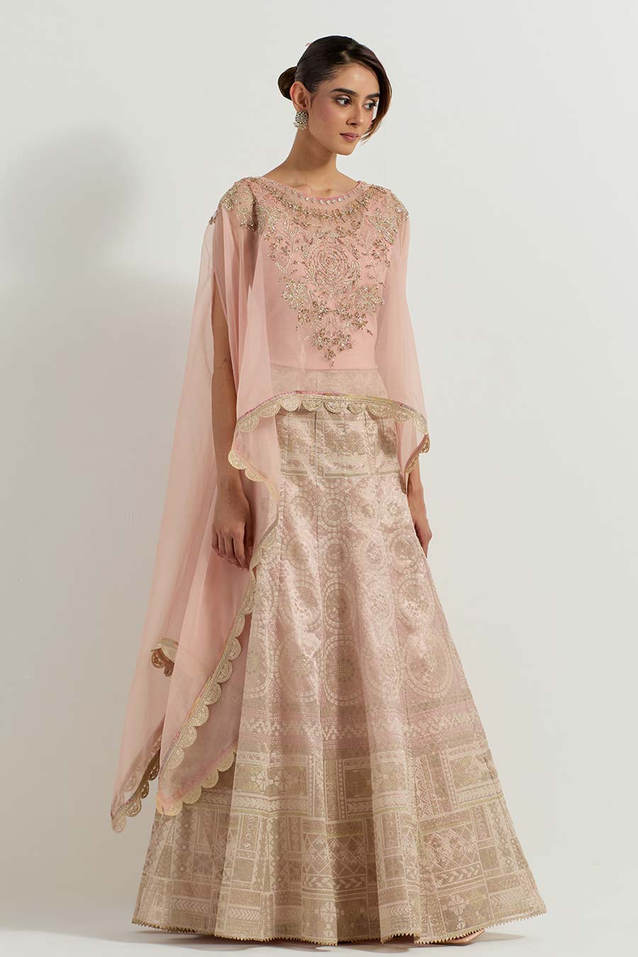 Raeth Blush Pink Embroidered Cape & Tissue Lehenga Set