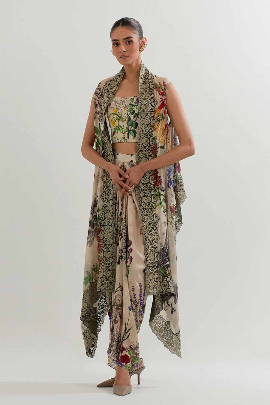 Botanical Printed Drape Skirt Set With Cape